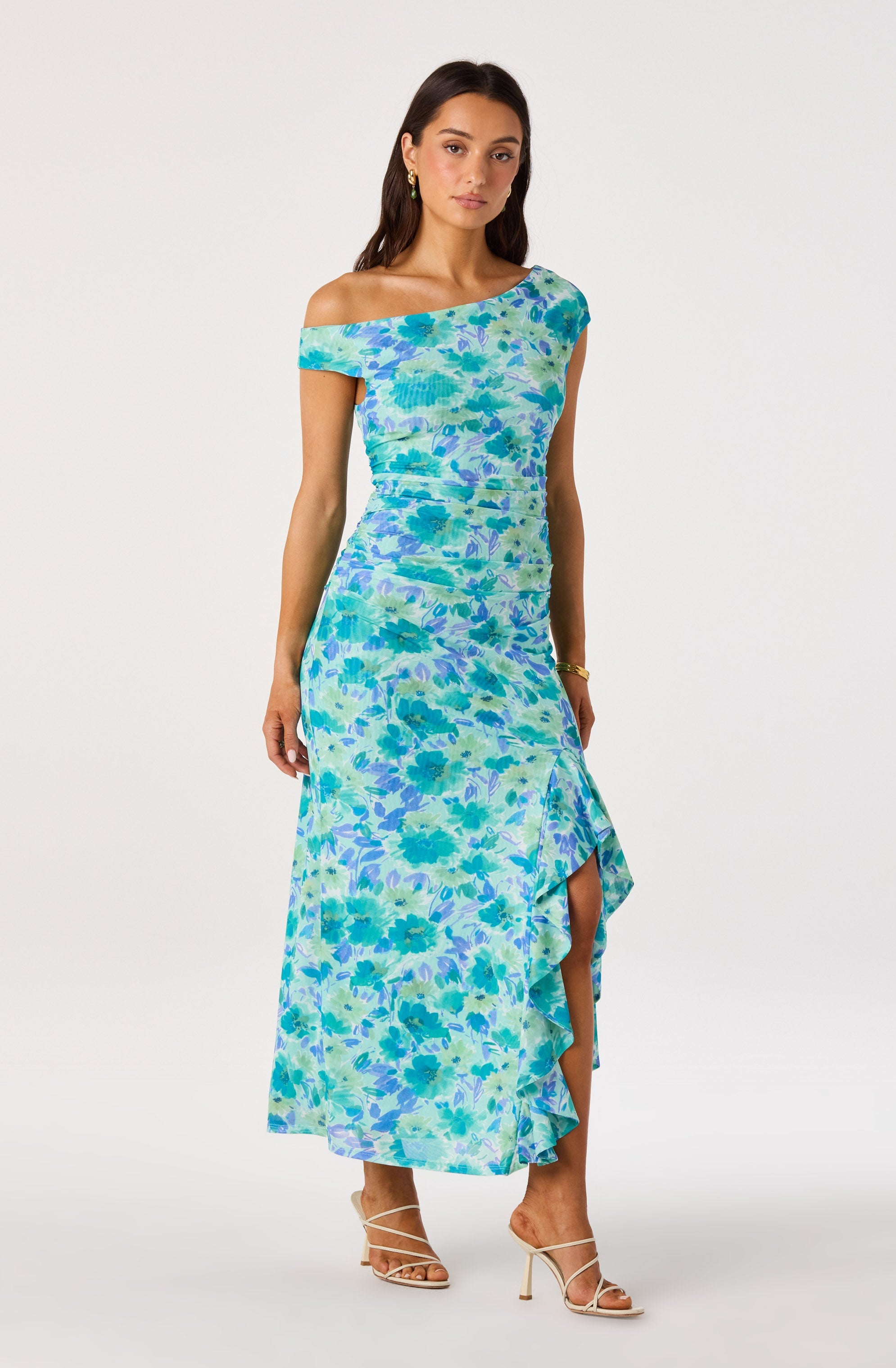 Off Shoulder Ruched Floral Midi Dress